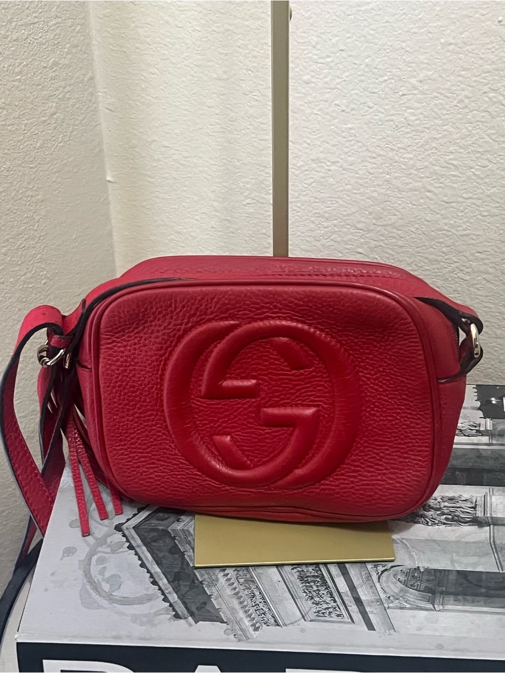 Gucci Red Pebbled Leather Crossbody with Embossed GG